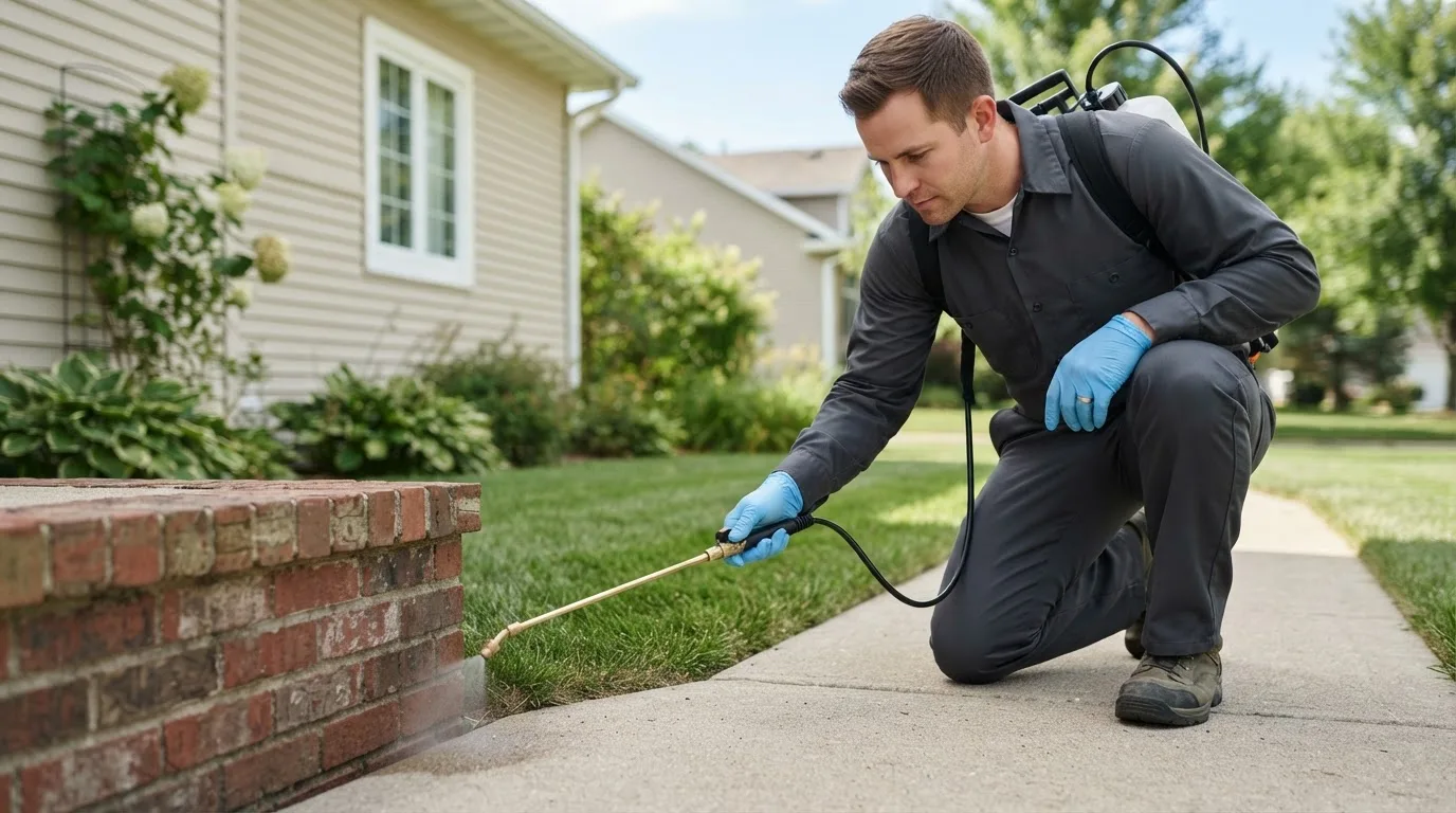 Pest control technician treating a home near North Manchester, IN